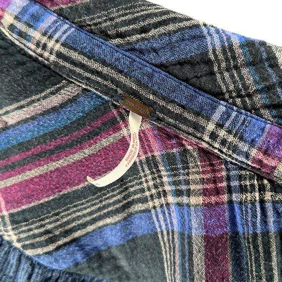 FREE PEOPLE Nordic Day Button Front Oversized Lace Up Sides Plaid Blouse Size M - Picture 6 of 9